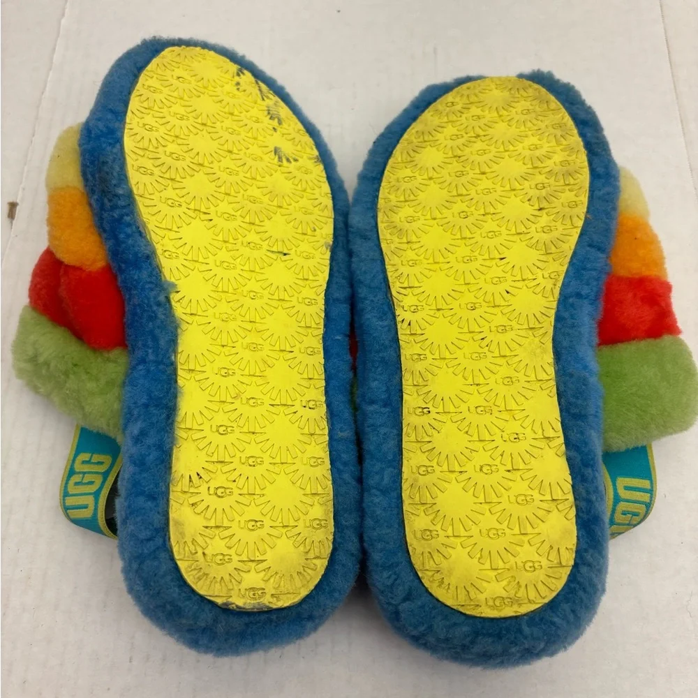 UGG Plush Slide Slippers in Blue and Lime, size 5 big girl, box 30